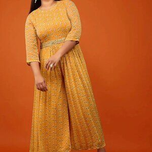 Kalki Mustard Jumpsuit In Georgette With All Over Print, Zari, 12